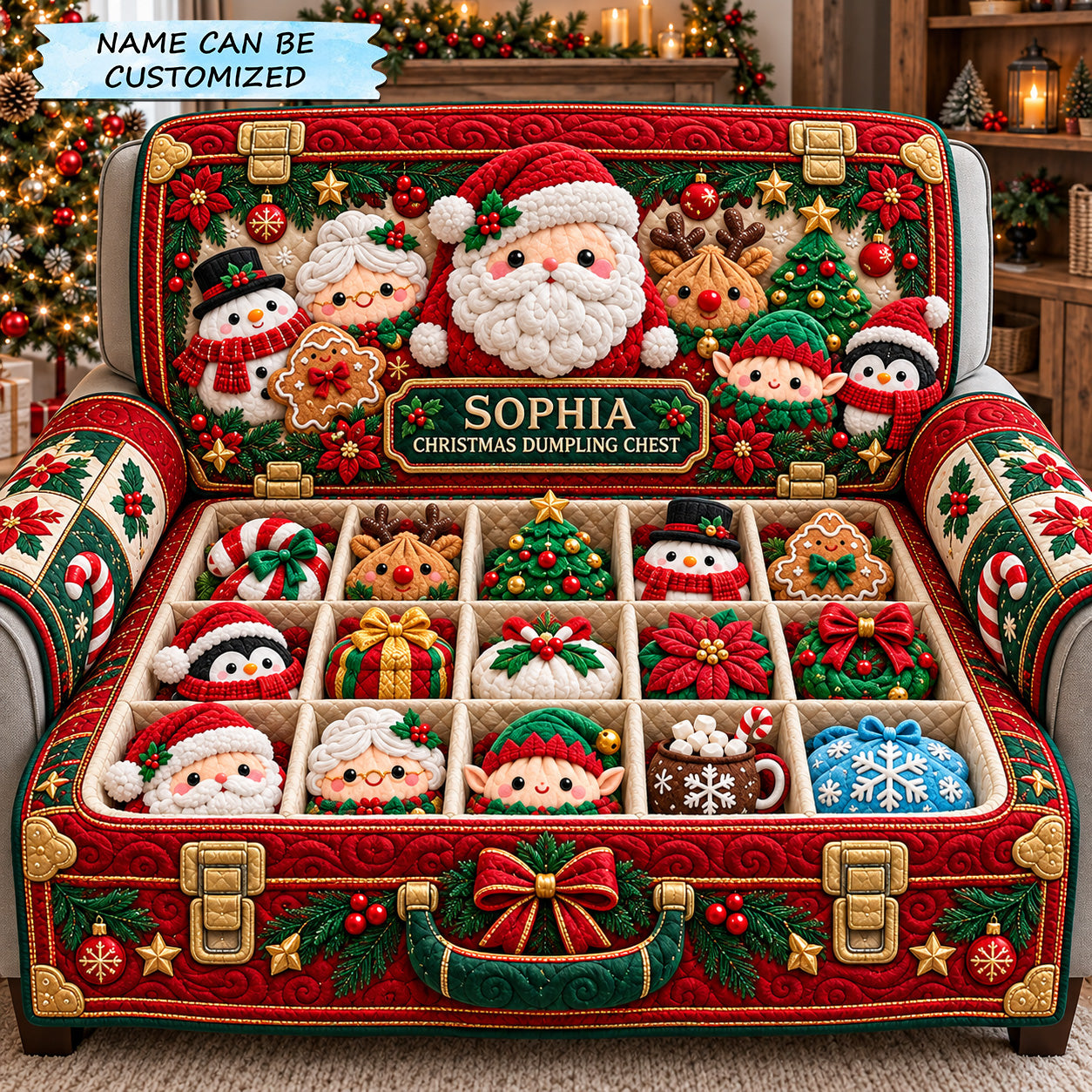 Personalized Festive Dumpling Box Quilted Sofa Cover Xmas Sofa Decor Holiday Gifts For Employees - Flickden
