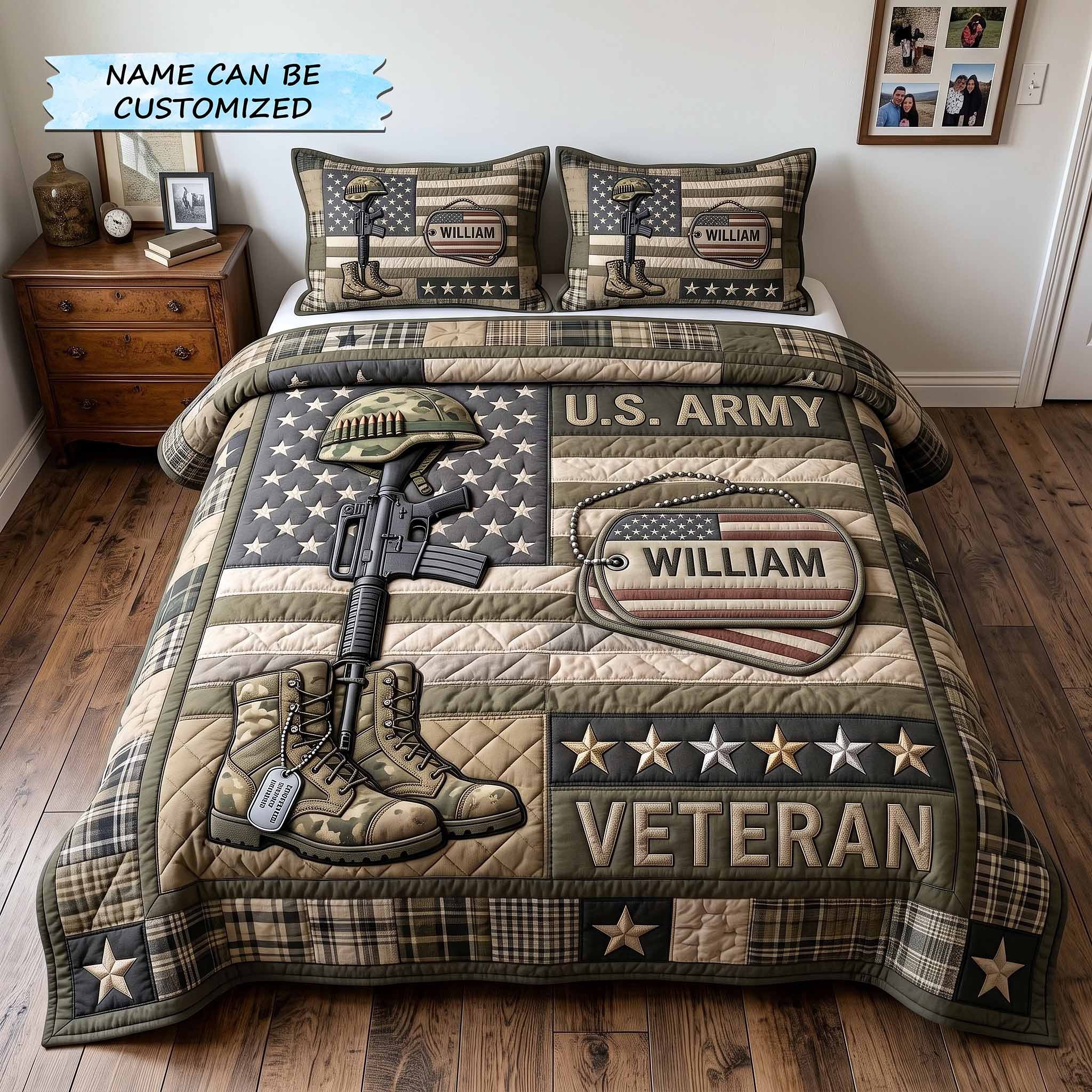 Personalized Veteran Pride Quilted Bedding Set Holiday Home Decor Personalized Military Family Gift - Flickden