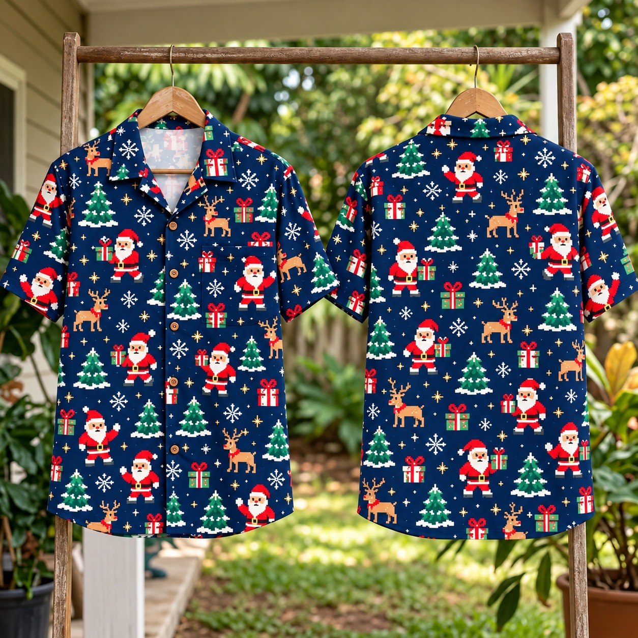 Pixel Christmas Santa Hawaiian Shirt Navy Blue Back Xmas Outfit Christmas Gifts For Him - Flickden
