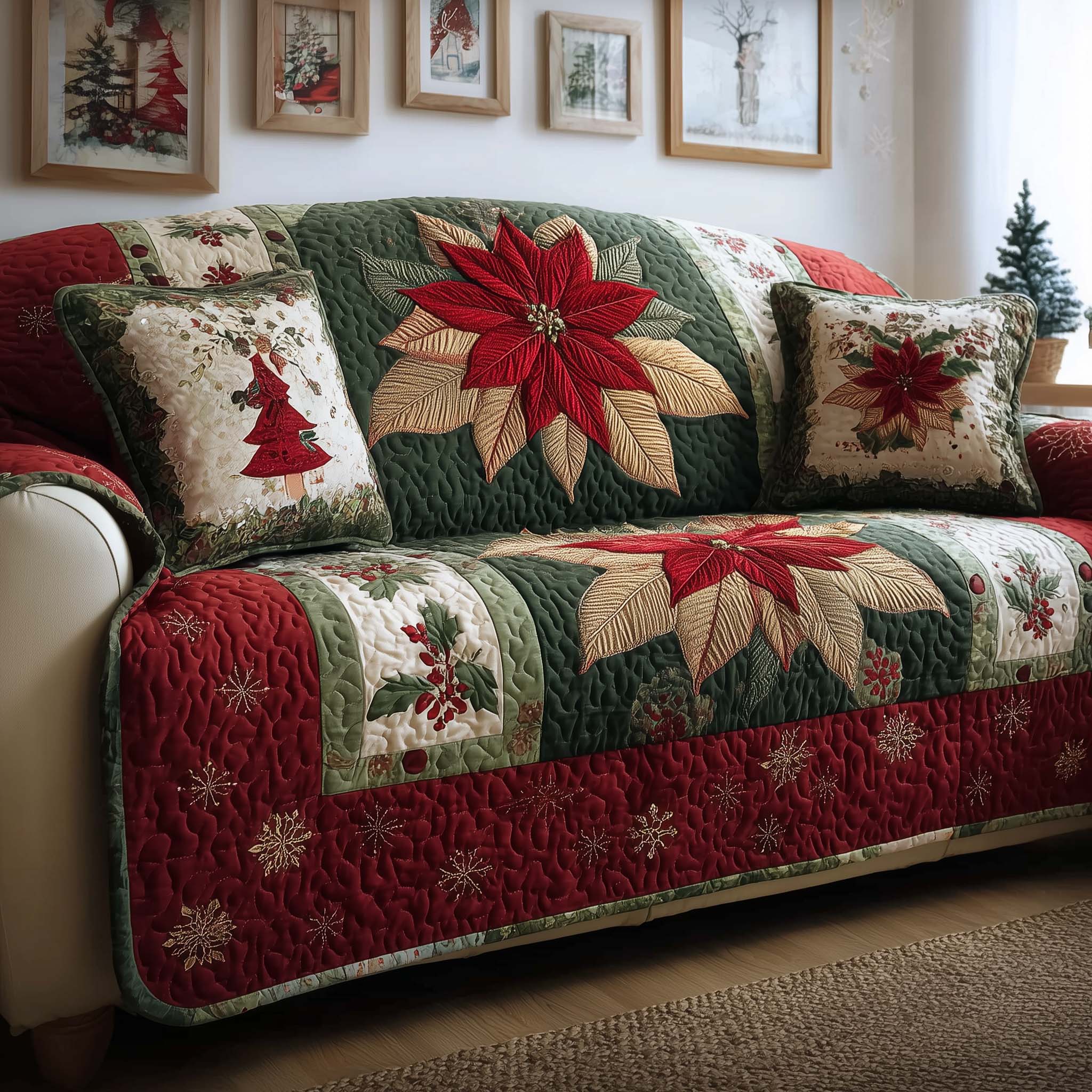 Poinsettia Bloom Quilted Sofa Cover Xmas Room Decor Grandmother Xmas Gifts - Flickden