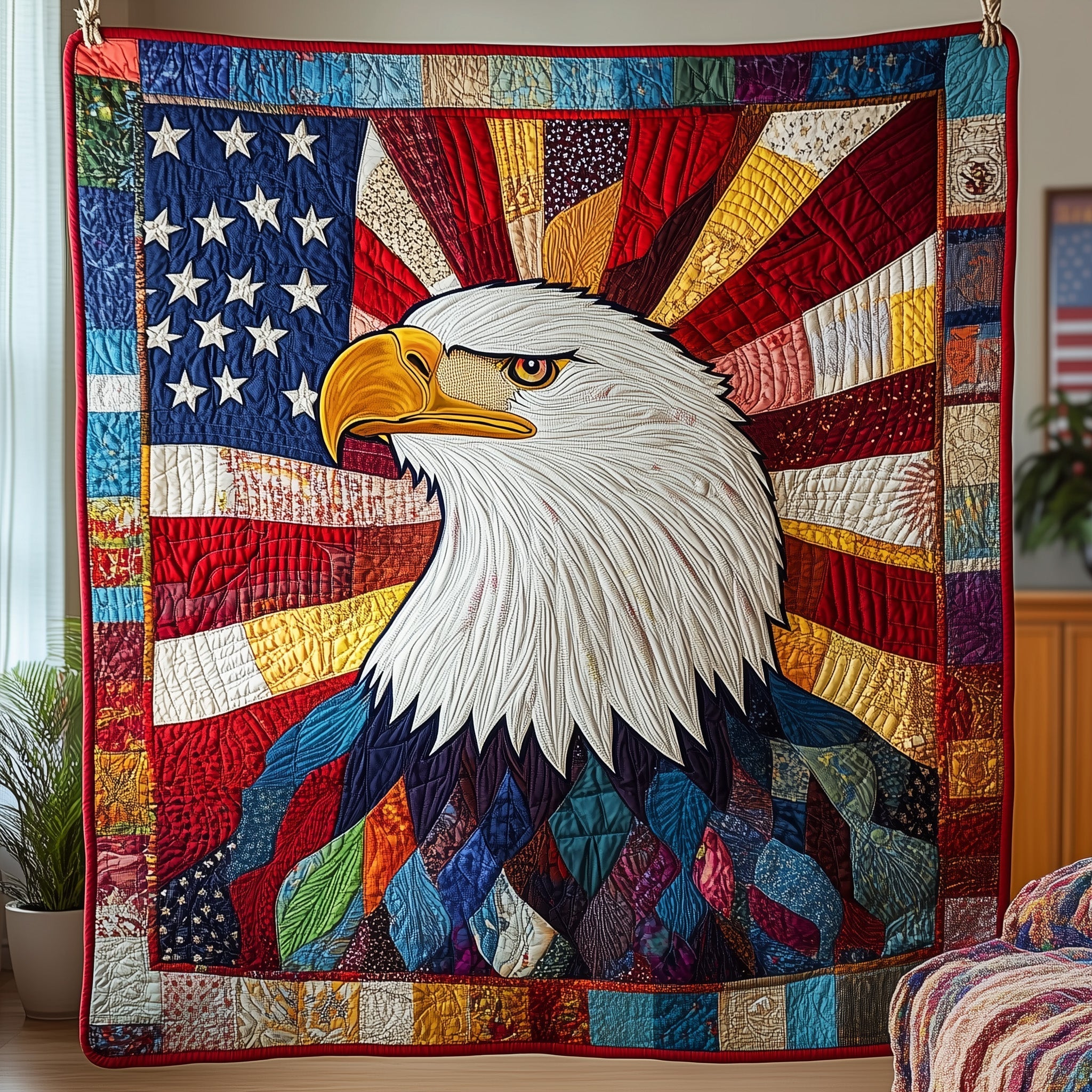 Pride Of The Sky Quilted Blanket American Eagle Throw Blanket Gift For Family - Flickden