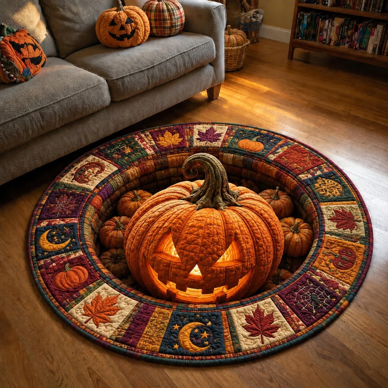 Pumpkin Cheer Quilted Round Mat Halloween Room Decorations Spooky Gifts - Flickden