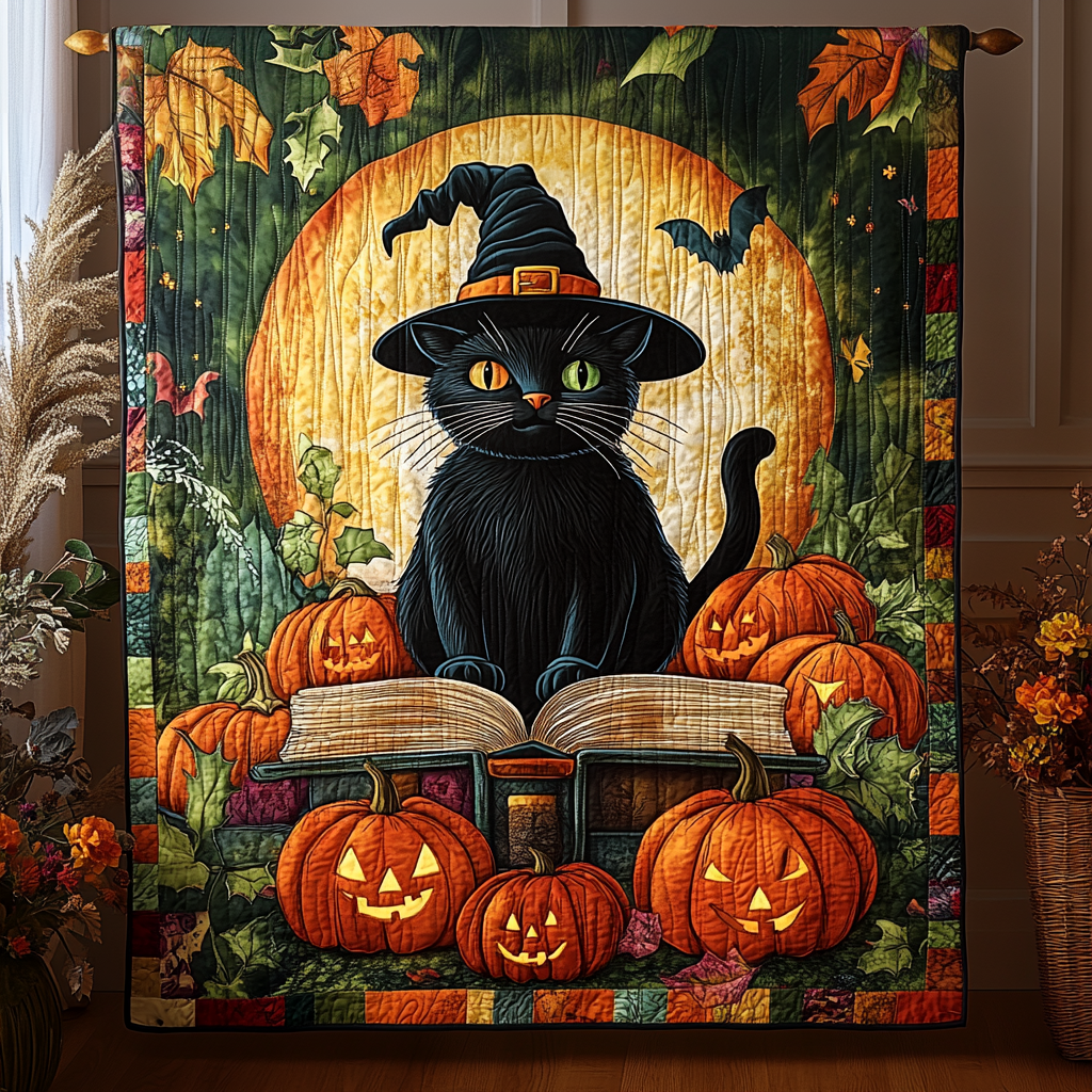 Pumpkin Kitty Quilted Blanket Halloween Home Decor Gift For Cat Lovers - Flickden
