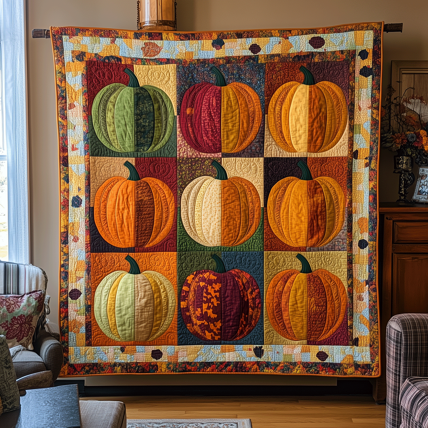 Pumpkin Row Quilted Blanket Autumn Holiday Bedroom Decor Gift For Mothers - Flickden