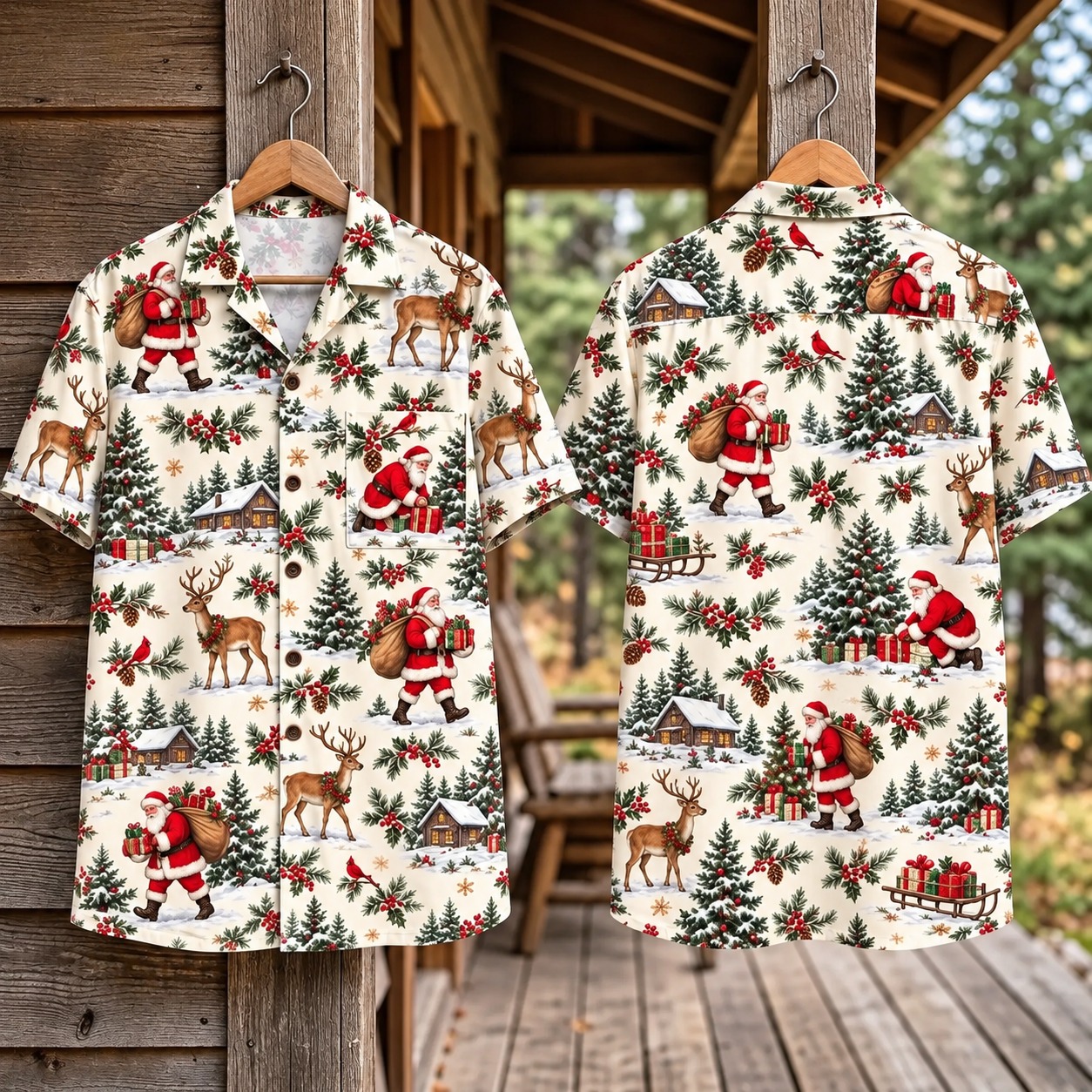 Reindeer Santa Aloha Hawaiian Shirt Snowy Cabins Back Xmas Outfit Christmas Gifts For Dad - Flickden
