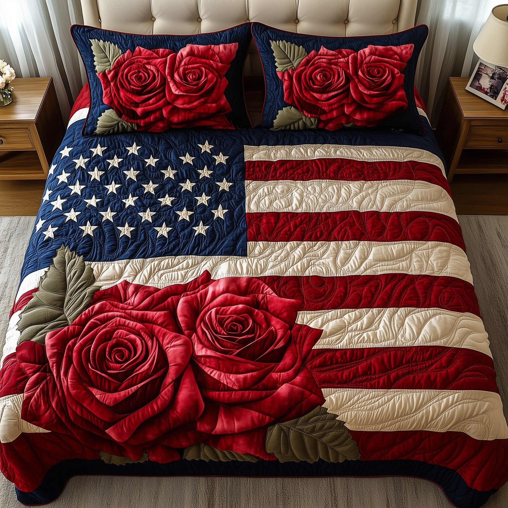 Rose And Glory Quilted Bedding Set Patriotic Starry Night Bedding Gift For Family - Flickden