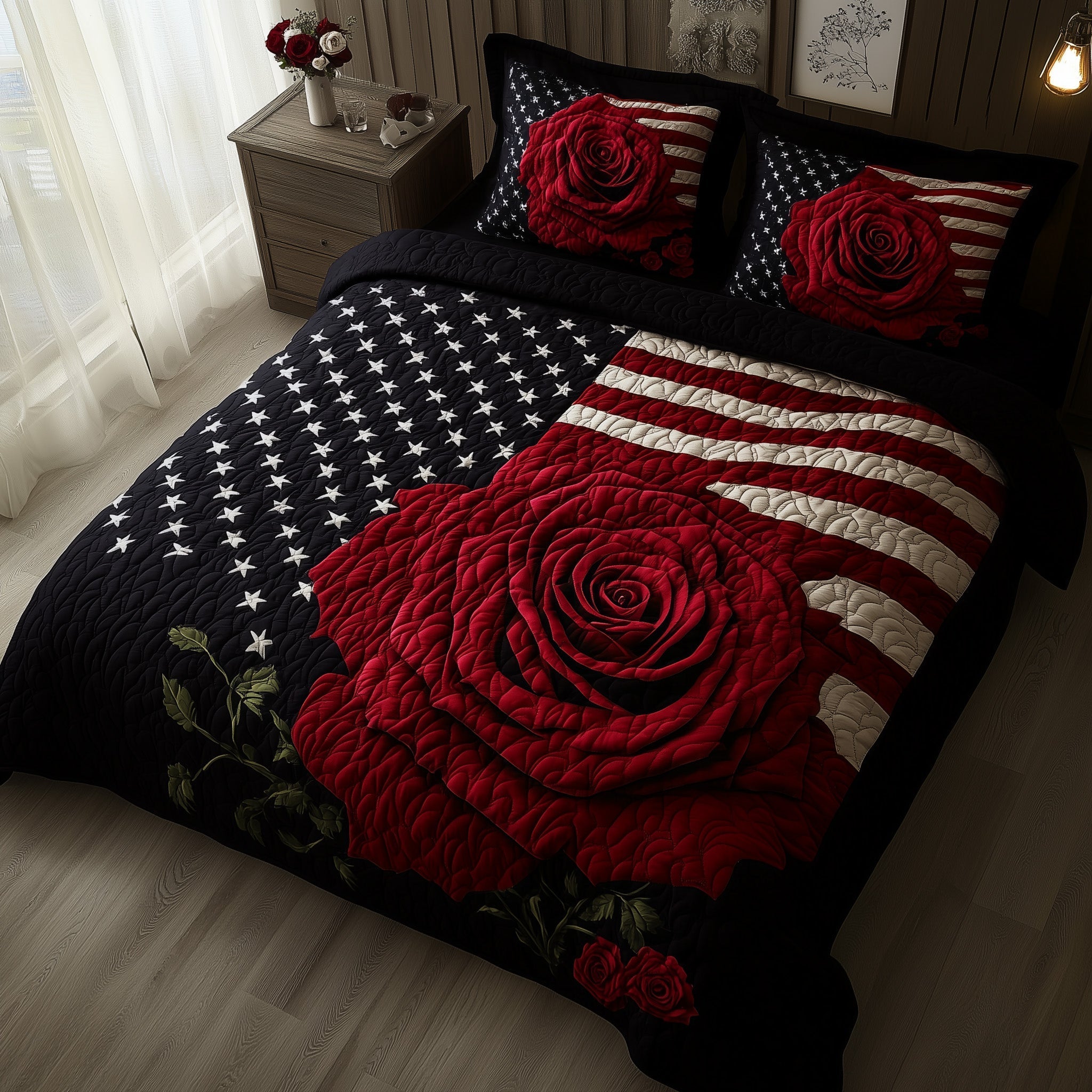 Rose And Glory Quilted Bedding Set Vintage Country Floral Bedding Gift For Girlfriend - Flickden