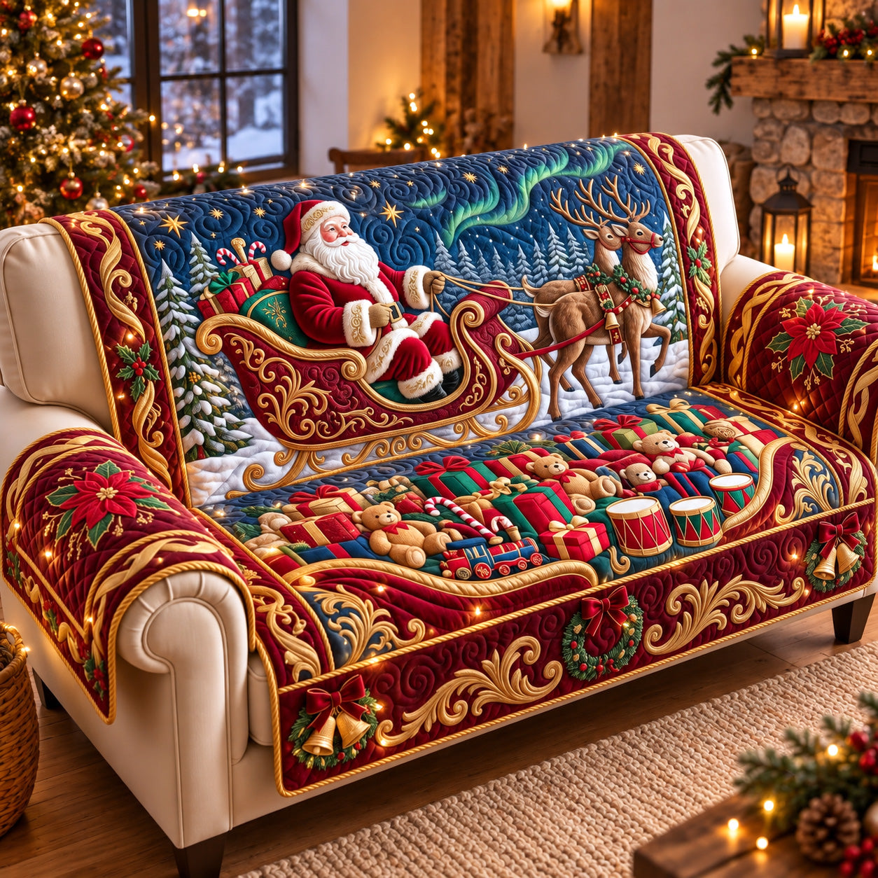 Santa Aurora Ride Quilted Sofa Cover Christmas Cute Room Decor Best Secret Santa Gifts - Flickden