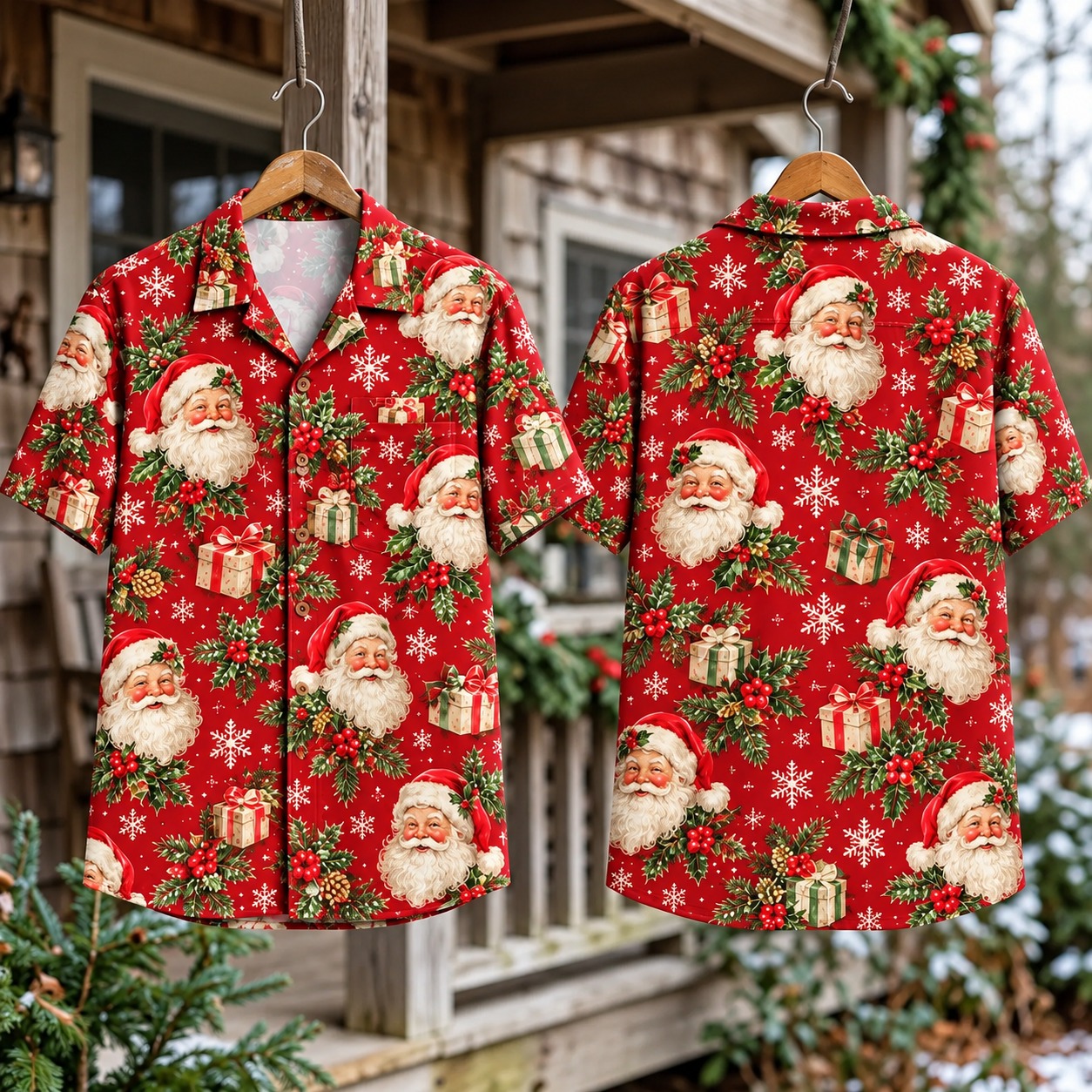 Santa Santa Hawaiian Shirt Vintage Pinecones Back Xmas Outfit Christmas Gifts For Him - Flickden