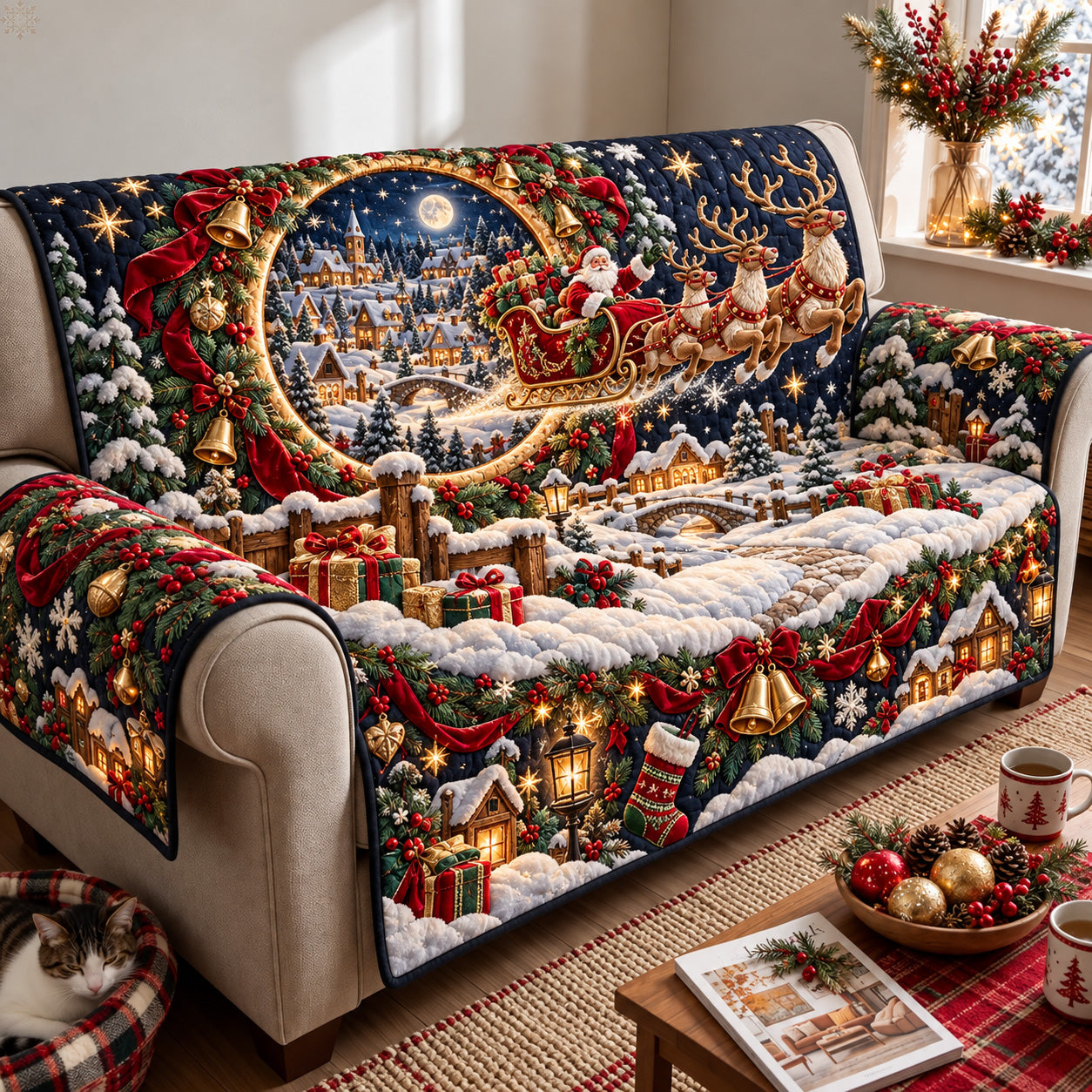 Santa Sleigh Christmas Village Quilted Sofa Cover Xmas Room Decorations Christmas Ideas For Women - Flickden