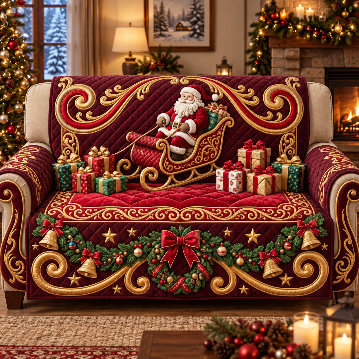 Santa Sleigh Quilted Sofa Cover Xmas Decorations Secret Santa Ideas For Her - Flickden