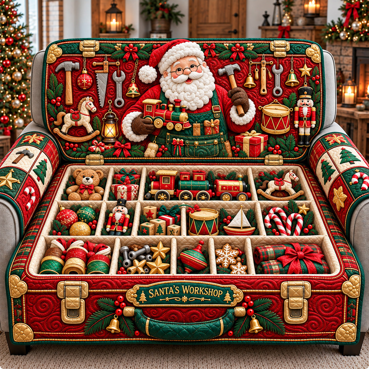 Santa Workshop Tool Chest Quilted Sofa Cover Decor Ideas For Living Room Funny Santa Presents - Flickden