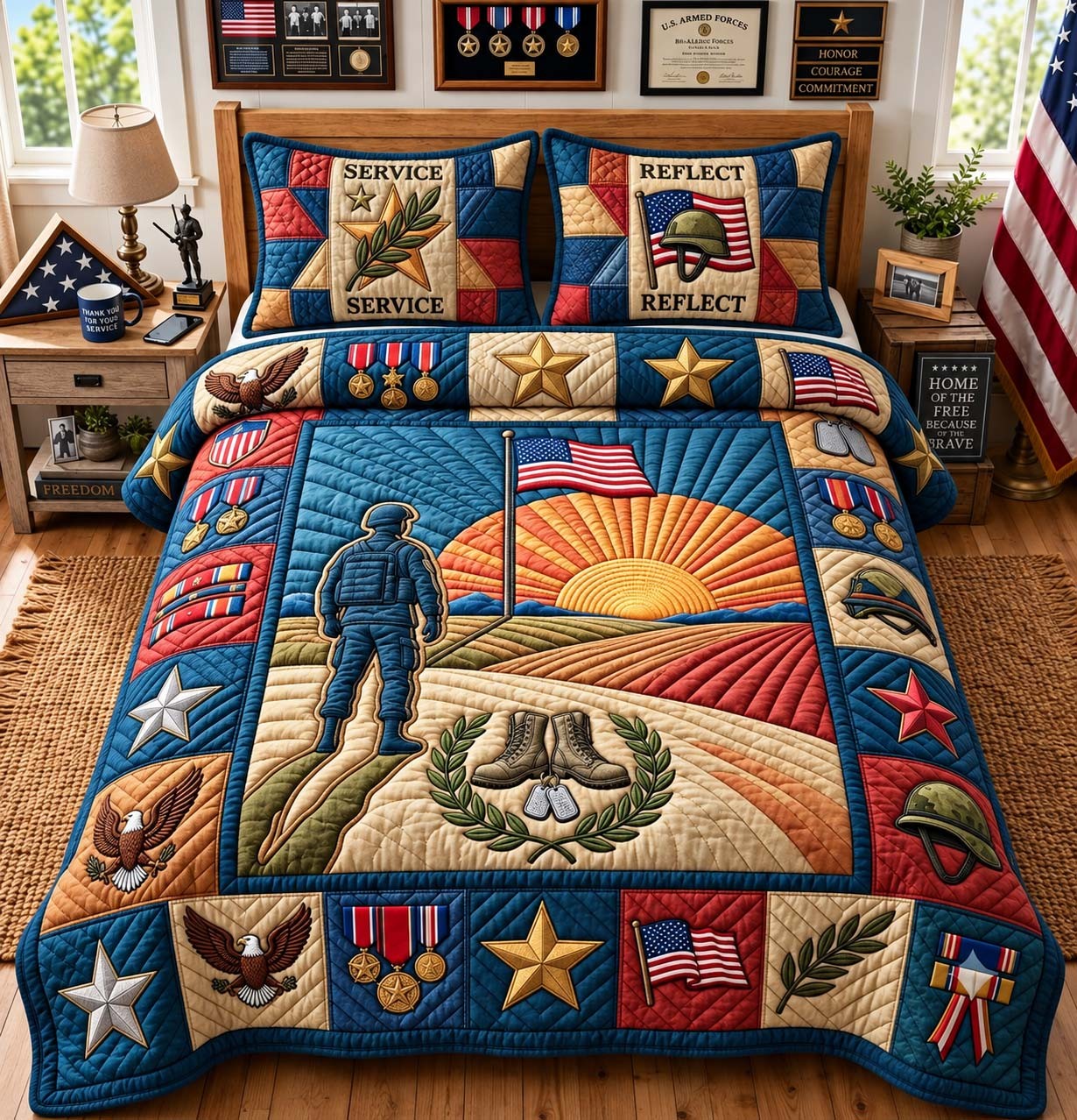 Service And Sacrifice Quilted Bedding Set Patriotic Military Home Decor Veteran Gift - Flickden