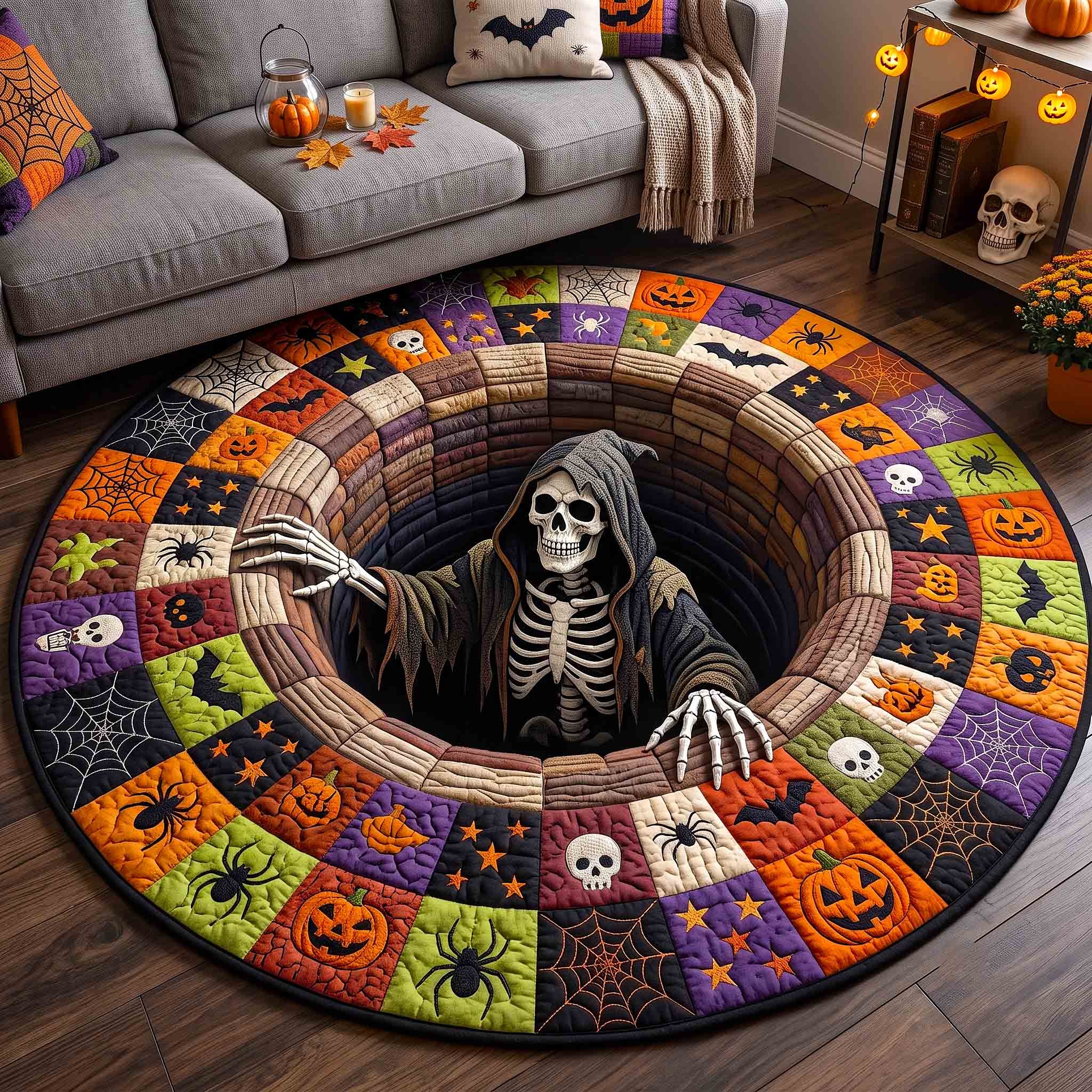 Skeleton Horror Quilted Round Mat Halloween Home Decor Gifts For Horror Fans - Flickden