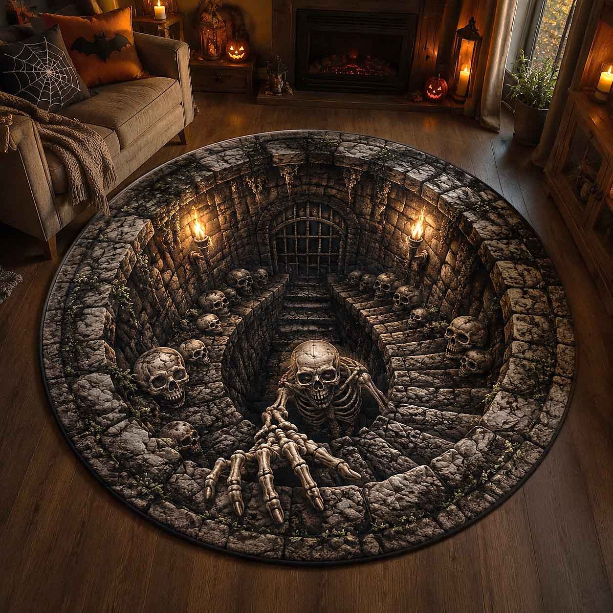 Skeleton Nightmare Quilted Round Mat Halloween Room Decor Ideas Dark Academia Gifts - Flickden