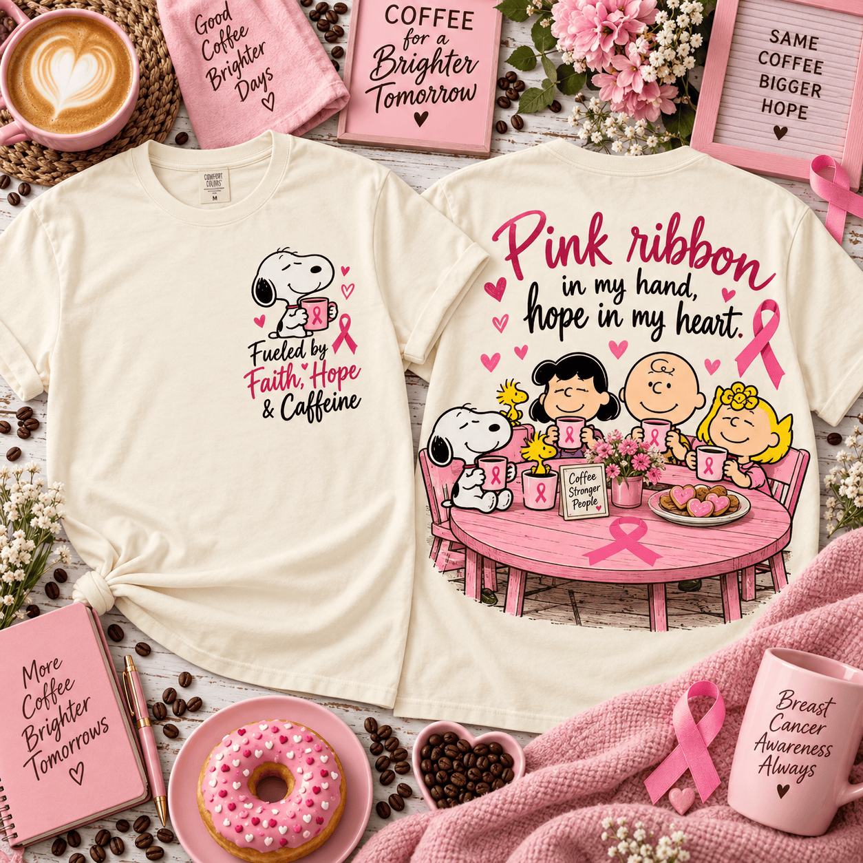 Snoopy Merch Faith Hope Pink Ribbon T-Shirt Peanuts Snoopy Clothing Gifts For Mom - Flickden