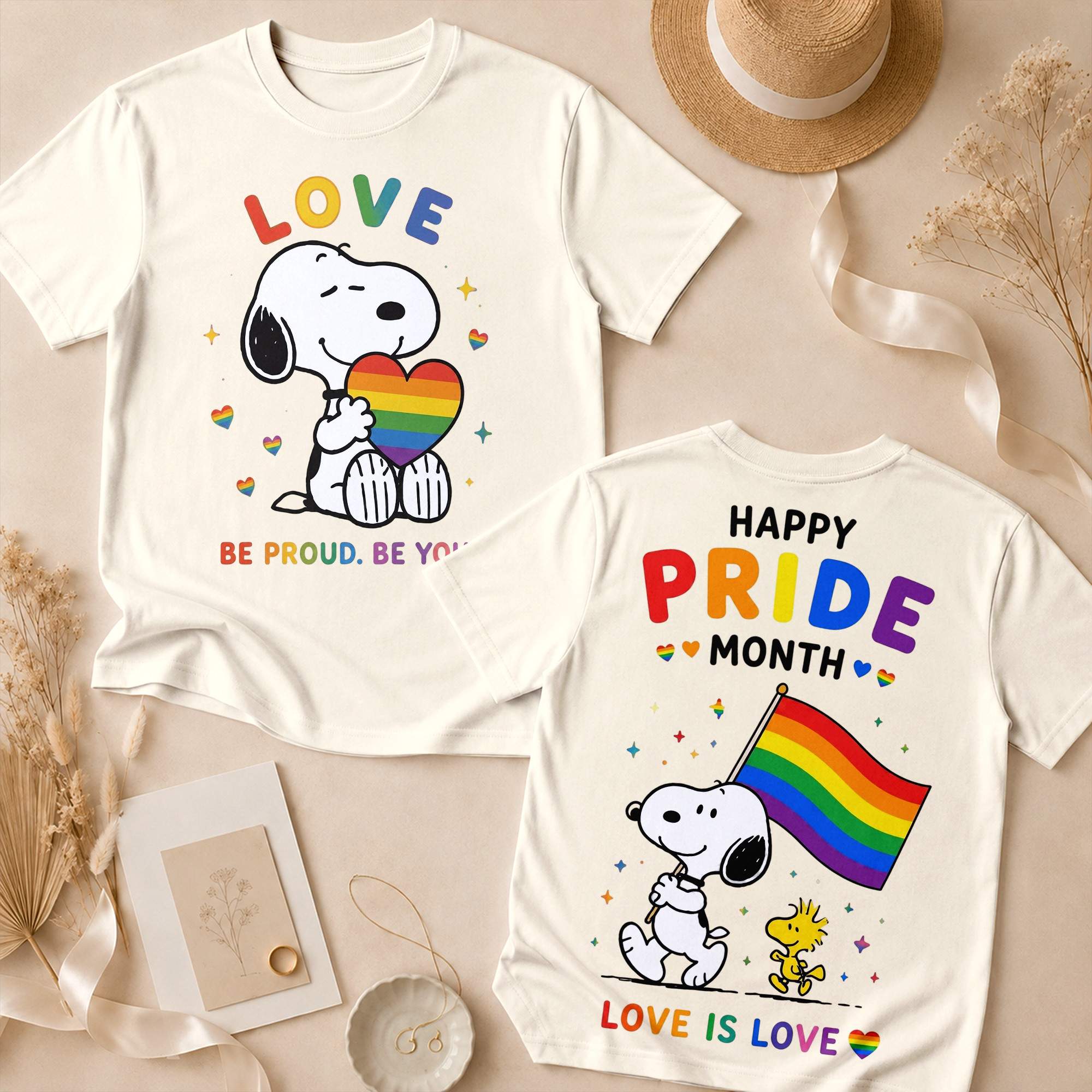 Snoopy Merch Rainbow Heart Pride Month T-Shirt Vintage Snoopy Clothes Gifts For Women - Flickden