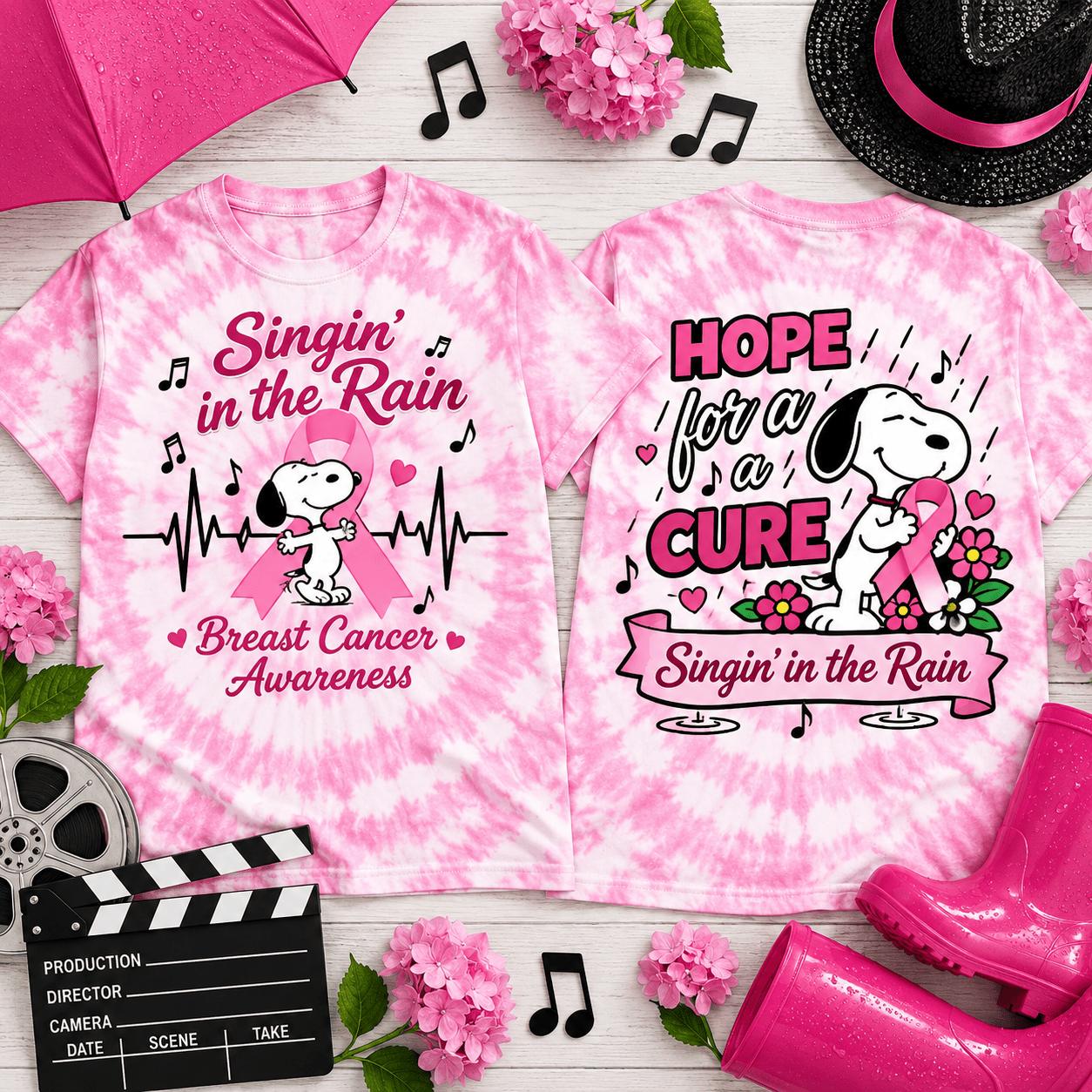 Snoopy Merch Singin In The Rain Snoopy T-Shirt Breast Cancer Awareness Apparel Gifts For Mom - Flickden
