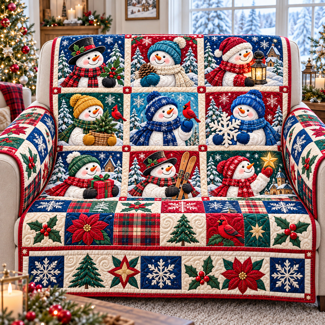 Snowman Arctic Charm Quilted Sofa Cover Christmas Home Decor Christmas Gift For Wife - Flickden