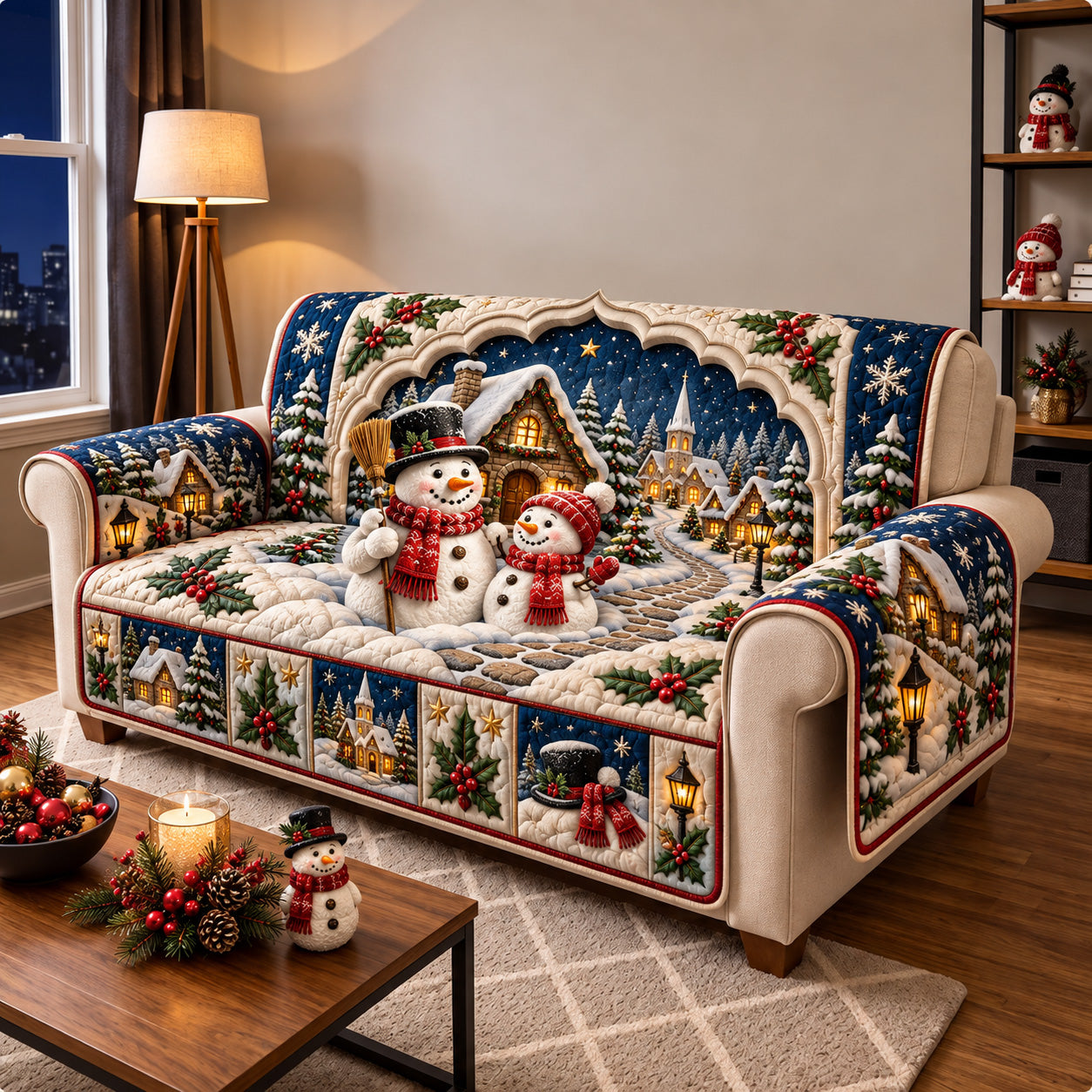 Snowman Christmas Village Quilted Sofa Cover Xmas Sofa Decor Secret Santa Gift Ideas - Flickden