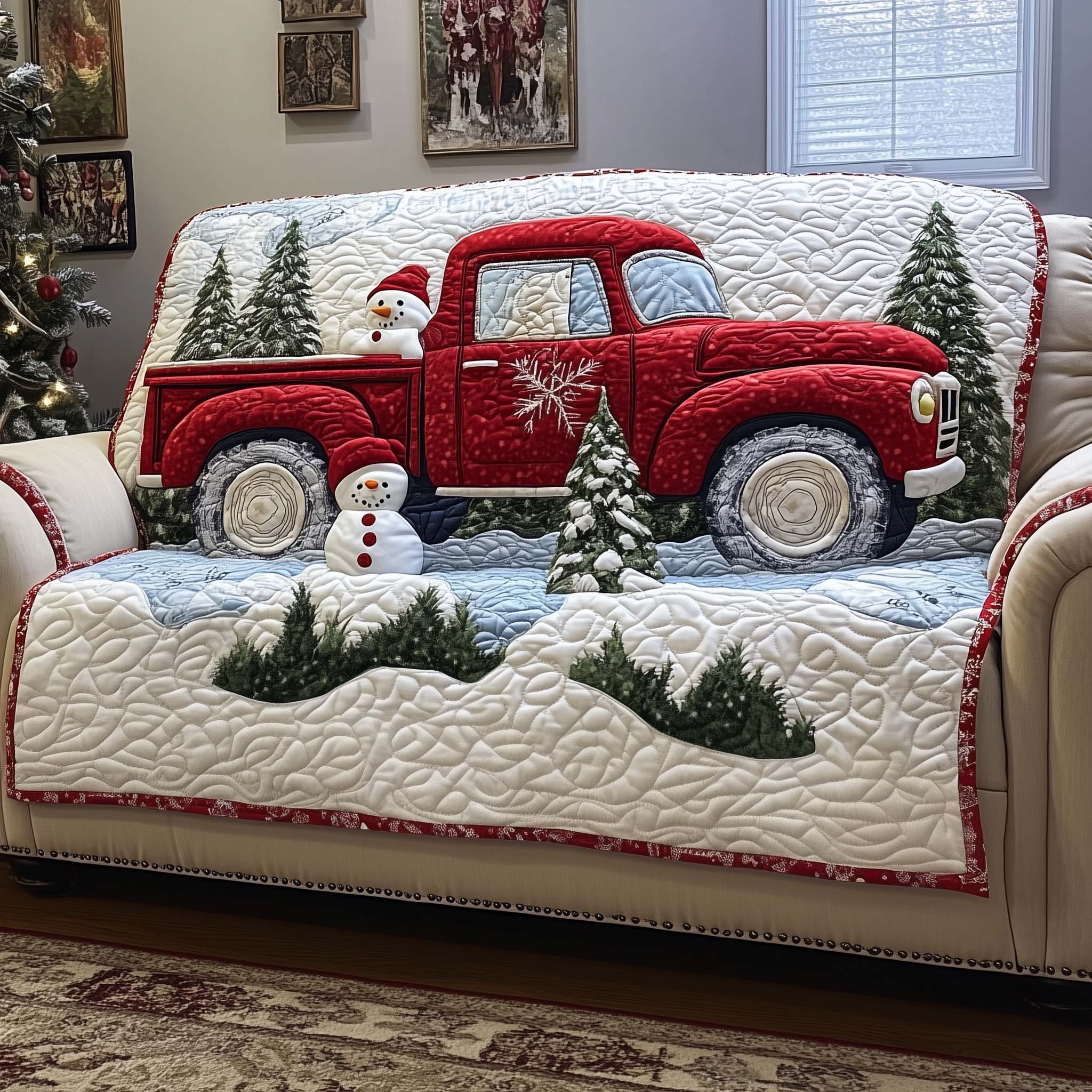 Snowman Quilted Sofa Cover Xmas Decorations Secret Santa Gifts - Flickden