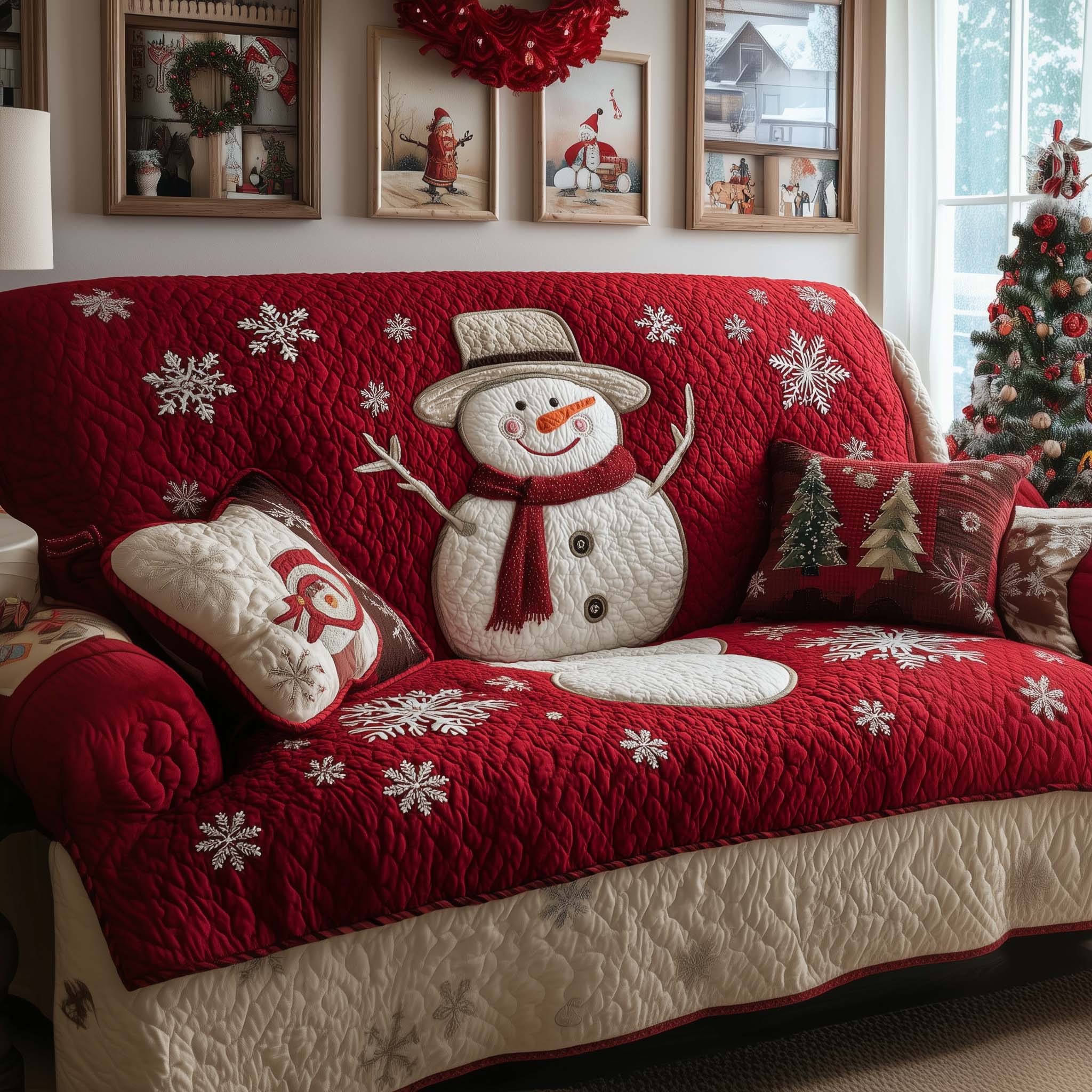 Snowman Quilted Sofa Cover Xmas Sofa Decor Snowman Christmas Gifts - Flickden
