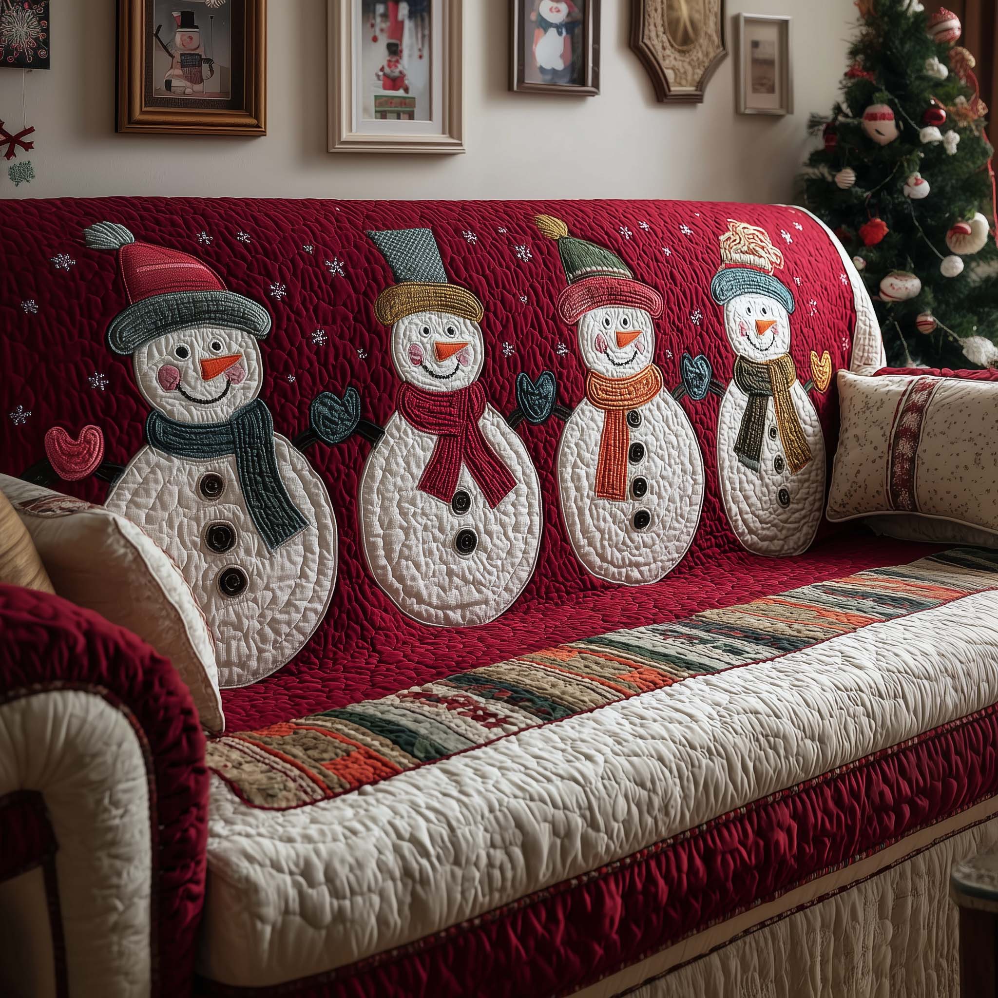Snowman Row Quilted Sofa Cover Christmas Room Decor Unique Snowman Gifts - Flickden