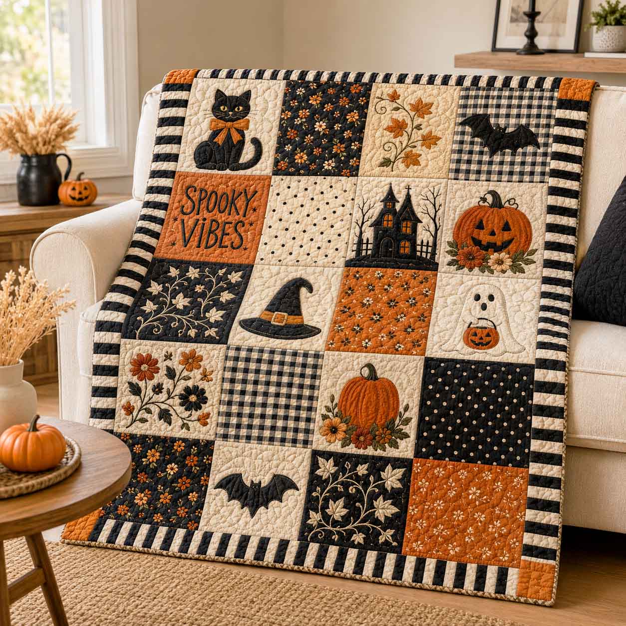 Spooky Blocks Quilted Blanket Halloween Home Decor Gift For Cat Lovers - Flickden