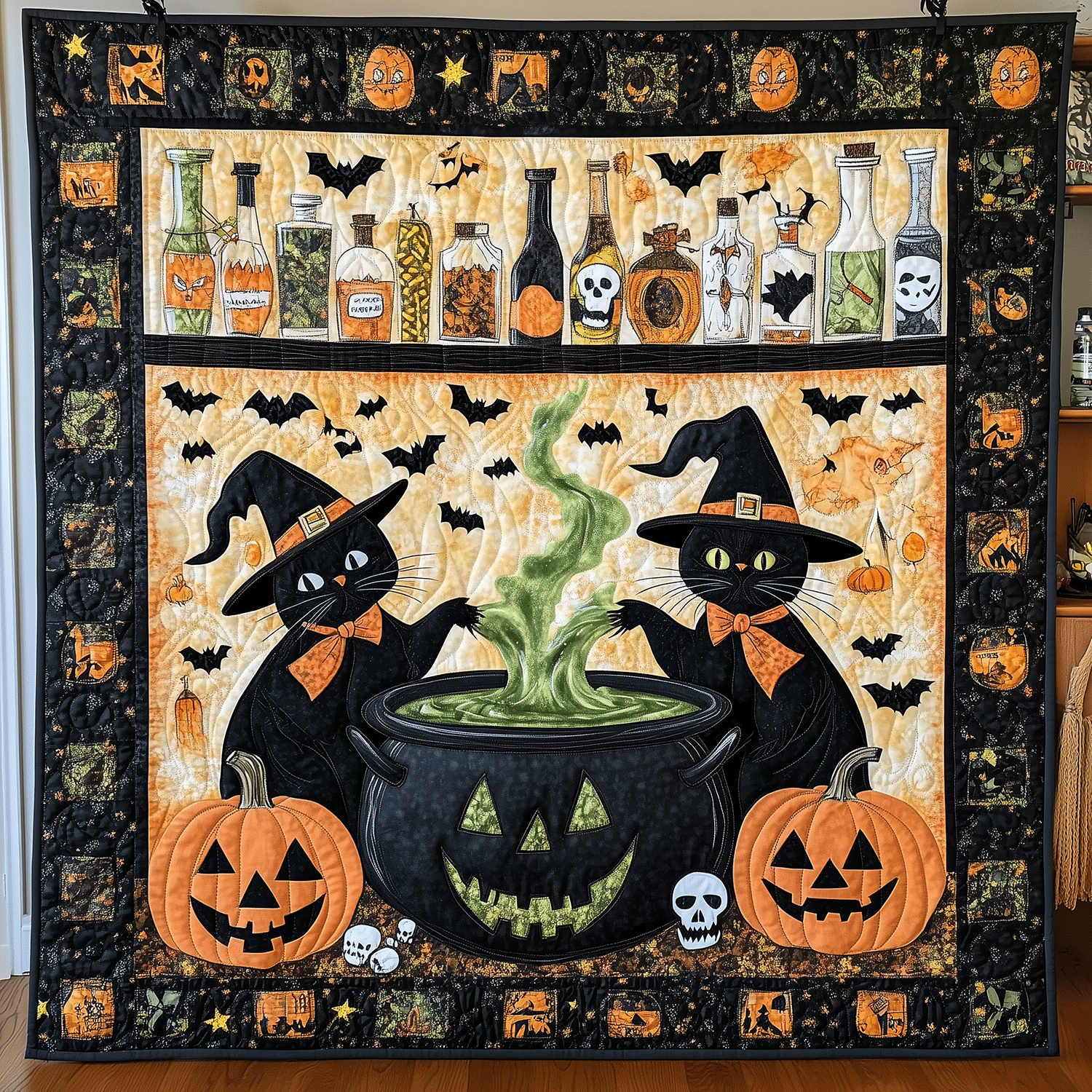 Spooky Cauldron Cats Quilted Blanket Pumpkin Home Decor Gift For Husband - Flickden