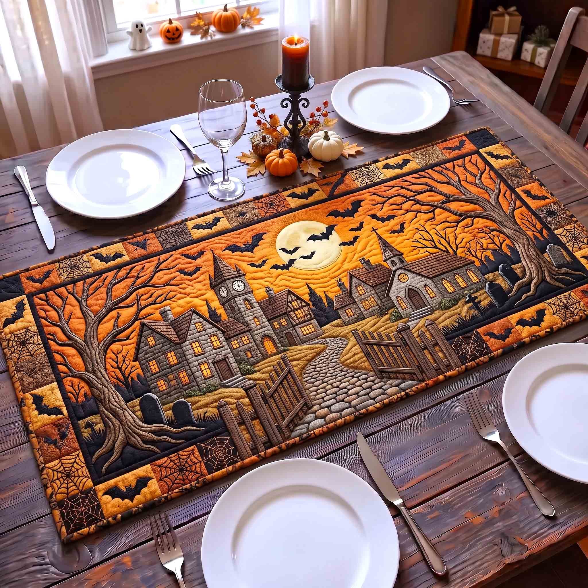 Spooky Moonlight Town Quilted Table Runner Decorating Your Home For Halloween - Flickden