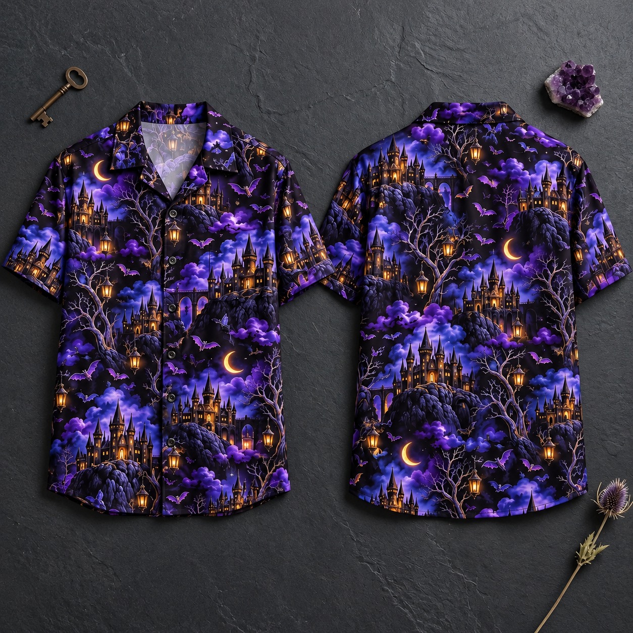 Spooky Purple Castle Hawaiian Shirt Best Outfits Halloween Apparel Gift For Men - Flickden