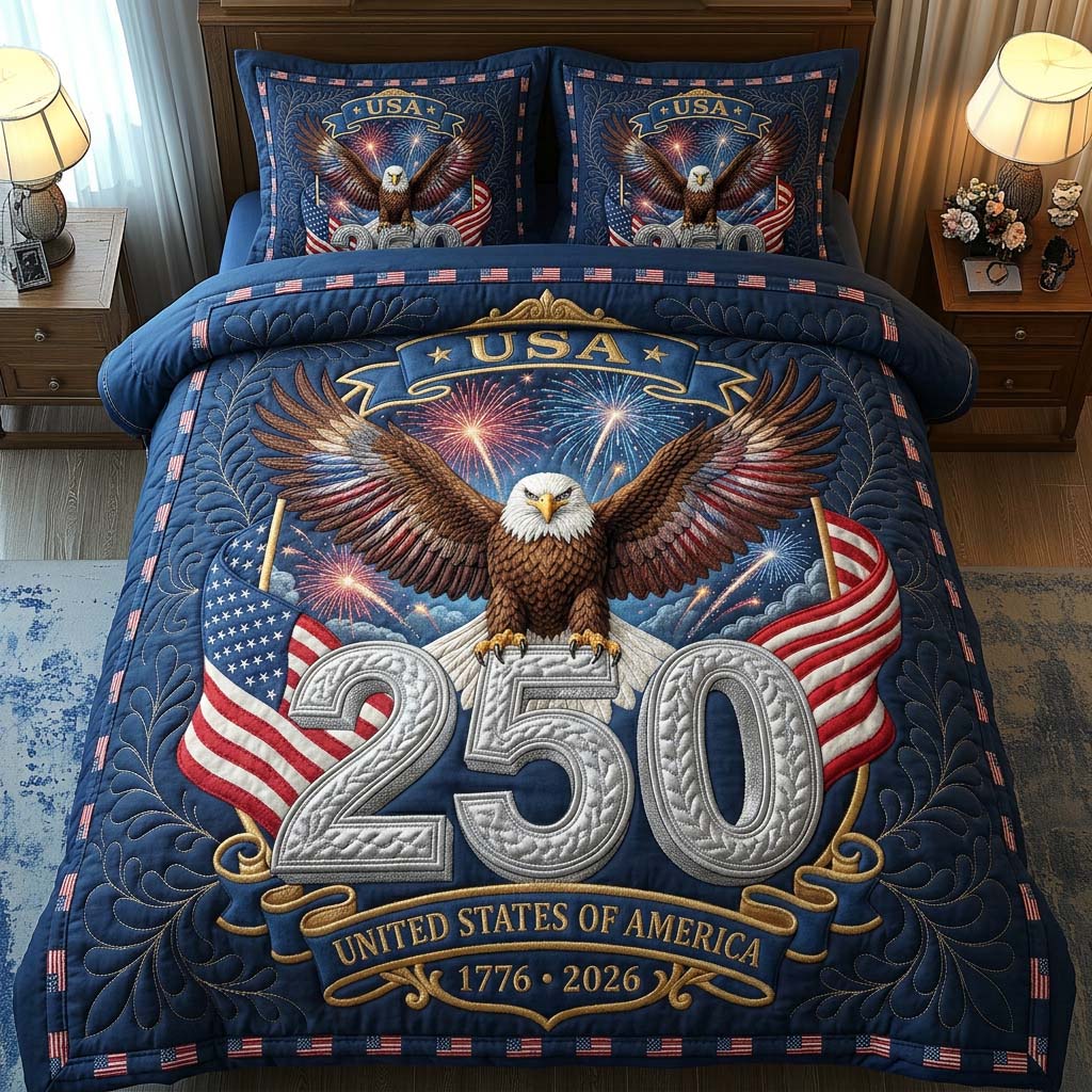 Stars Eagle Quilted Bedding Set Patriotic 1776-2026 US Flag Bedding Gift For Mother - Flickden