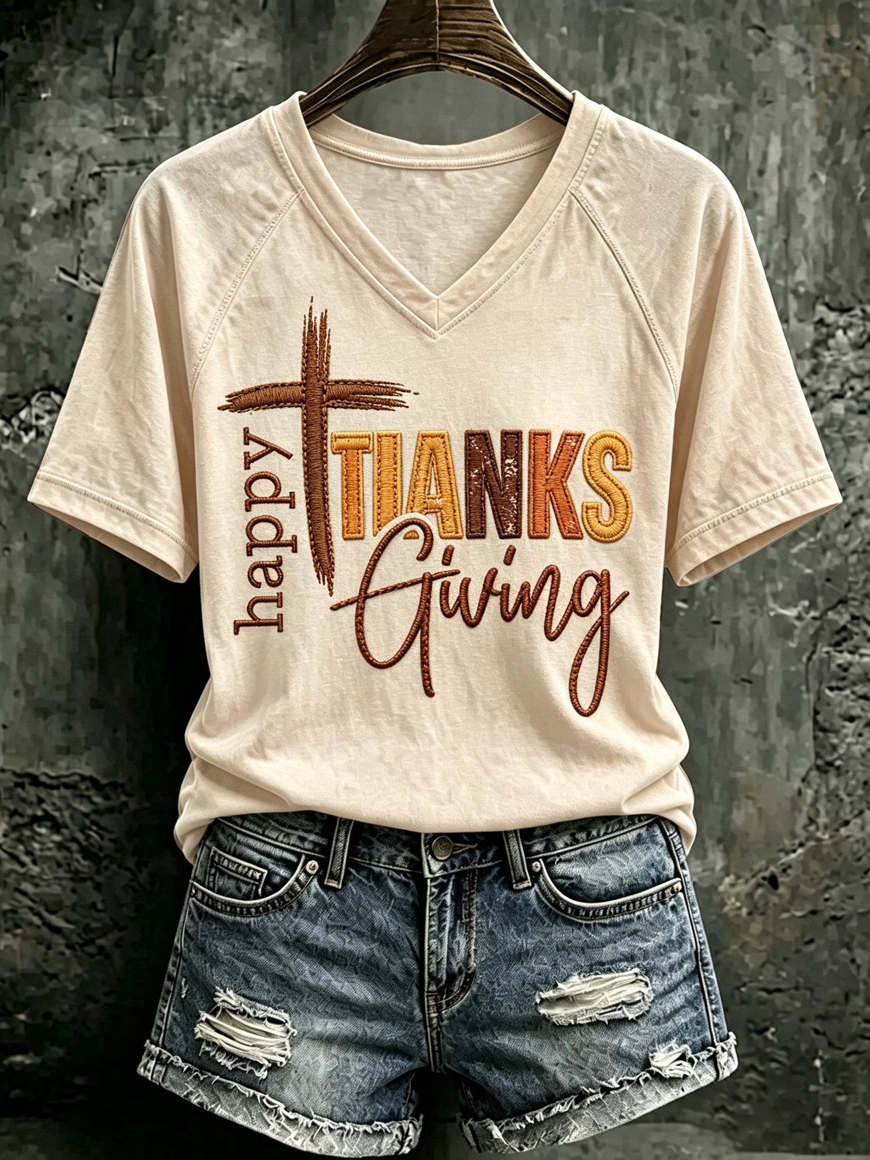Thanksgiving Merch Happy Cross V-Neck T-Shirt Casual Thanksgiving Outfit Gift For Wife - Flickden