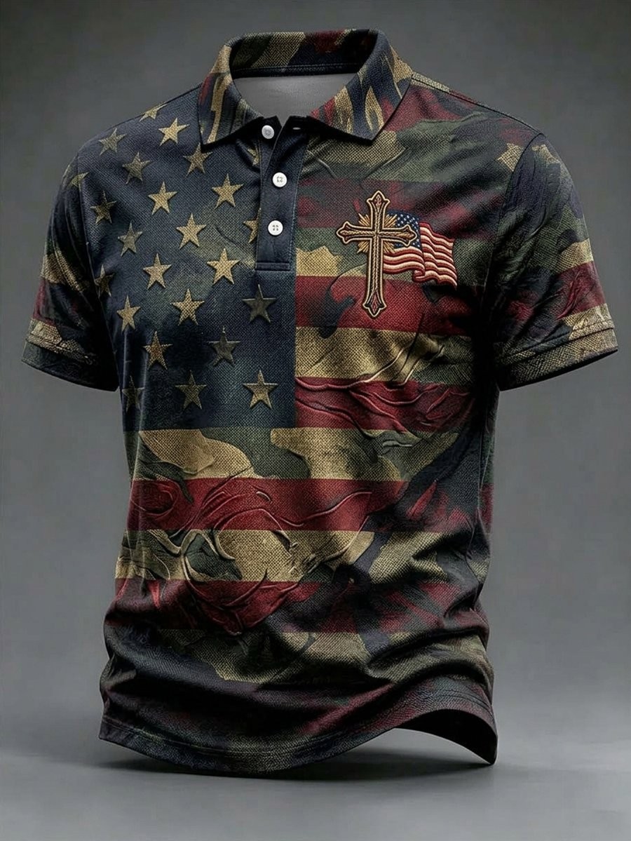 Veteran Day Merch Camo Flag Cross Polo Shirt Retro Army Veteran Clothing Gift For Dad - Flickden