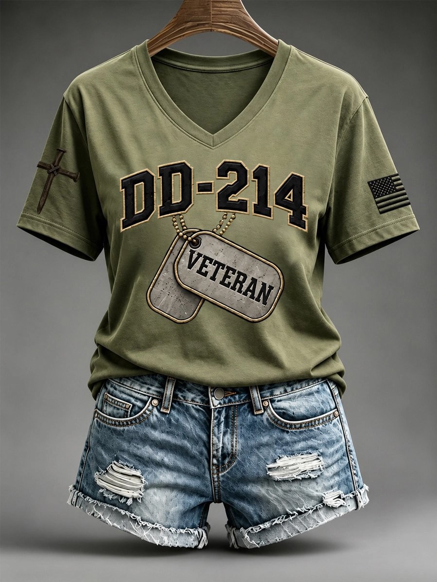 Veteran Day Merch DD 214 Dog Tag V-Neck T-Shirt Y2K Style Veteran Apparel Gift For Sister - Flickden