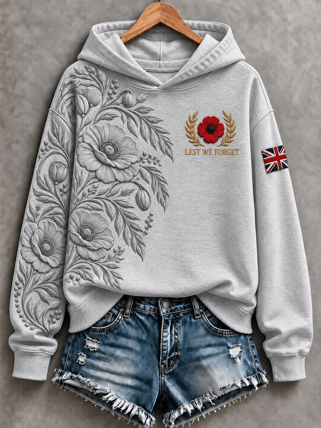 Veteran Day Merch Embossed Floral Poppy Hoodie Retro Army Veteran Clothing Gift For Mom - Flickden
