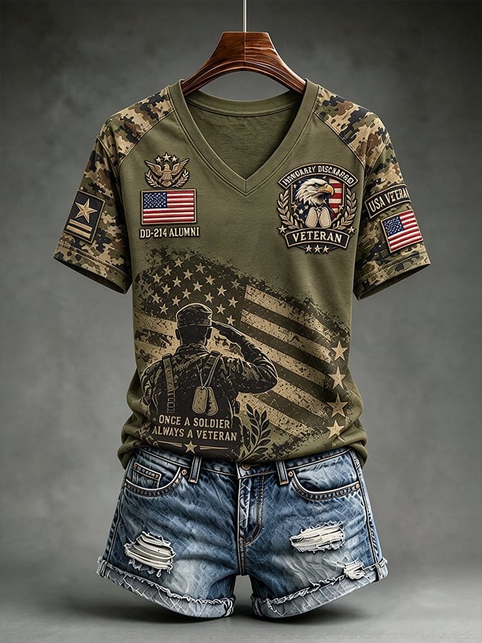 Veteran Day Merch Soldier Salute V-Neck T-Shirt Y2K Style Veteran Apparel Gift For Women - Flickden