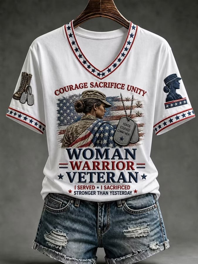 Veteran Day Merch Woman Warrior V-Neck T-Shirt Retro Veteran Owned Clothing Gift For Mom - Flickden