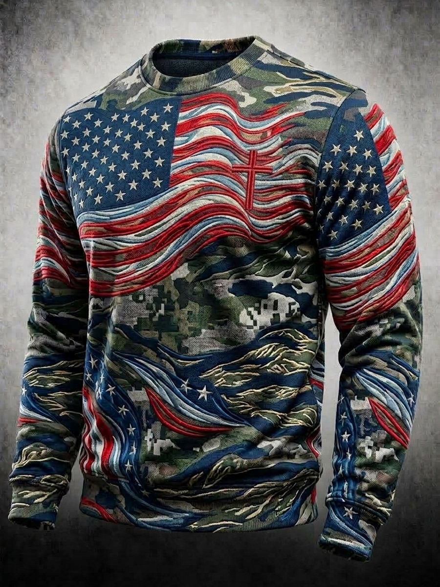 Veteran Pride Day Merch Camo Waving Flag Cross Sweatshirt Retro Apparel Gift For Men - Flickden
