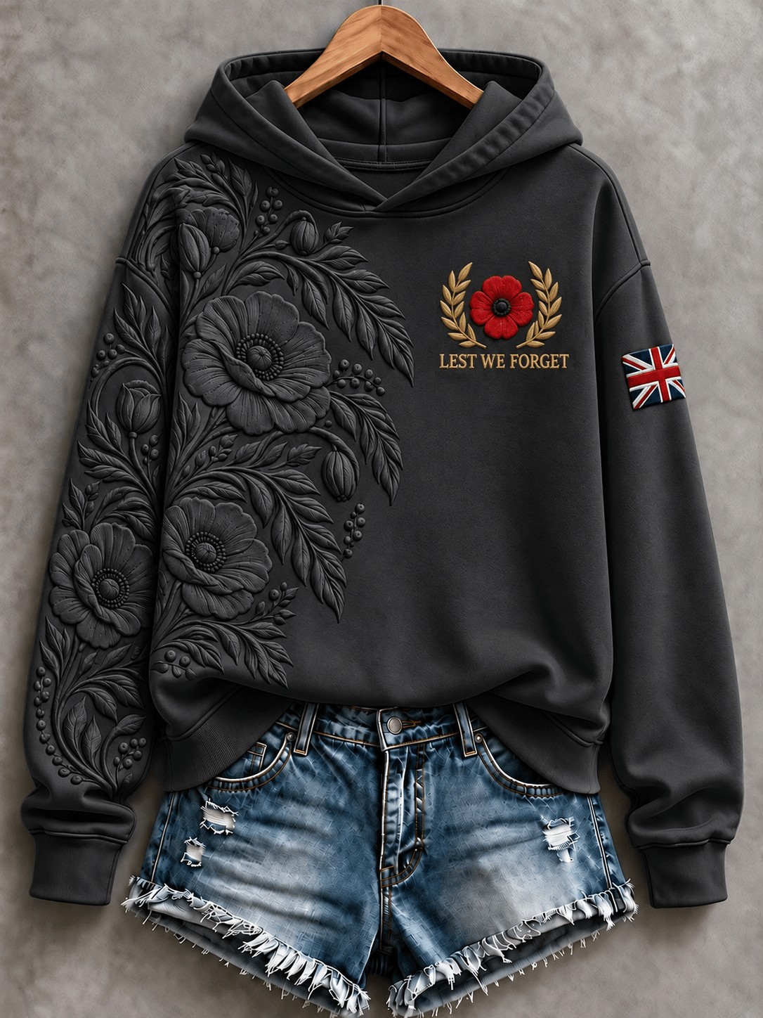 Veteran Pride Day Merch Embossed Poppy UK Flag Hoodie Retro Army Veteran Clothes For Mom - Flickden