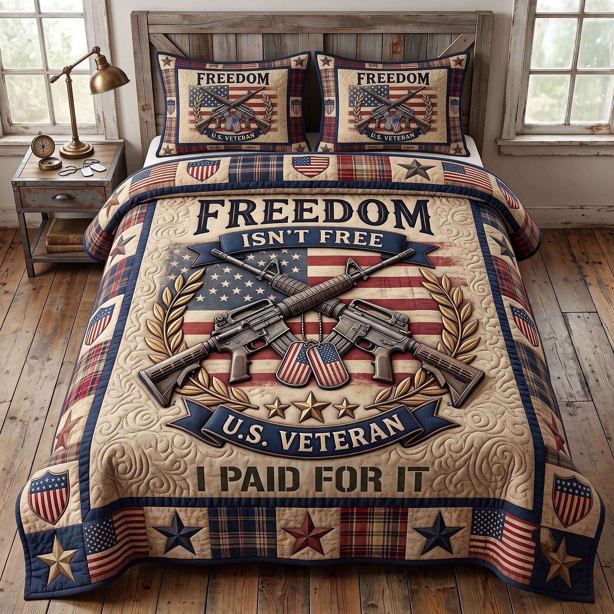 Veteran Pride Quilted Bedding Set Freedom Holiday Home Decor Military Retirement Gift - Flickden