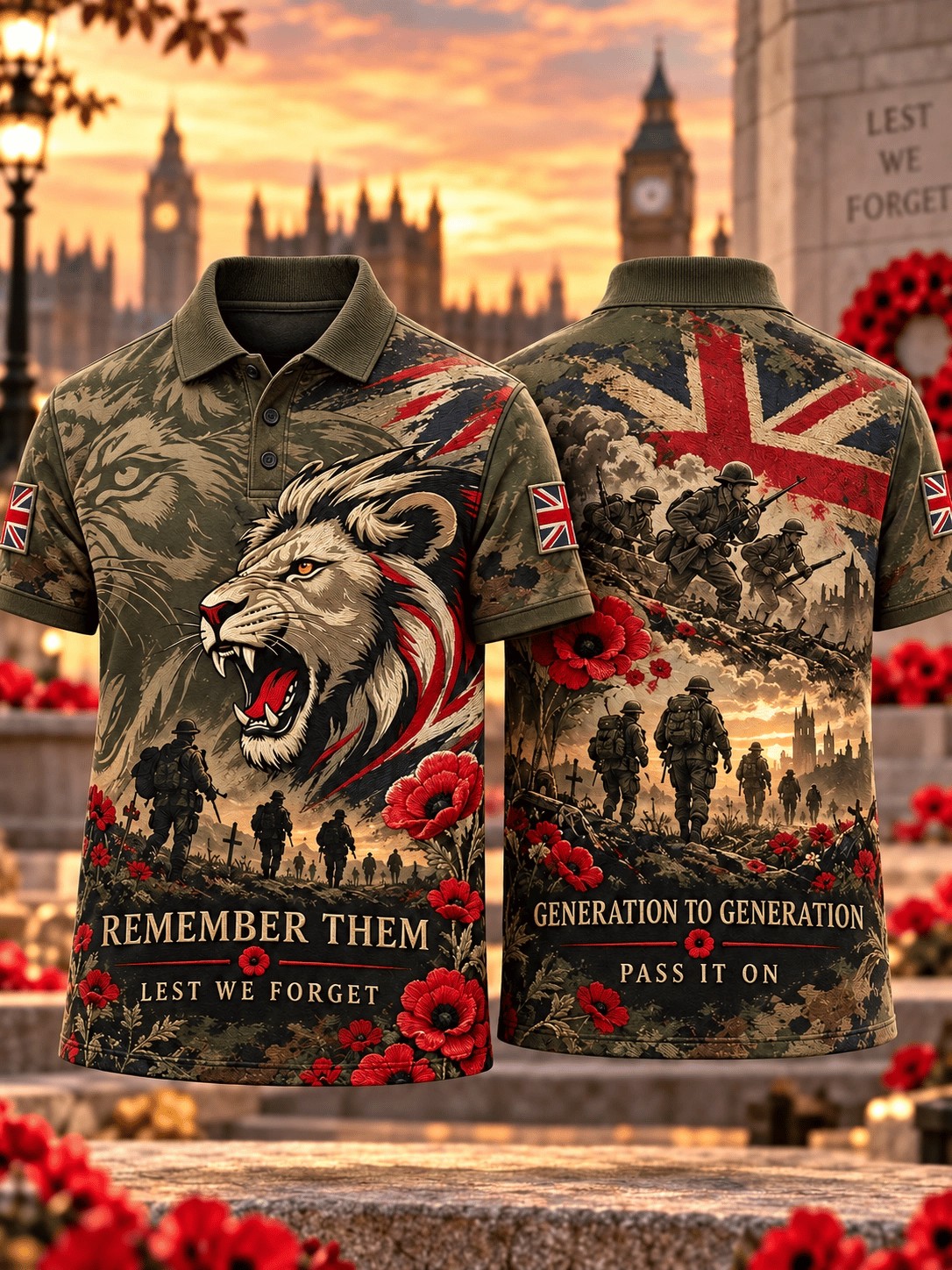 Veteran Proud Day Merch Lion Poppy Soldier Polo Shirt Vintage Army Clothes For Husband - Flickden