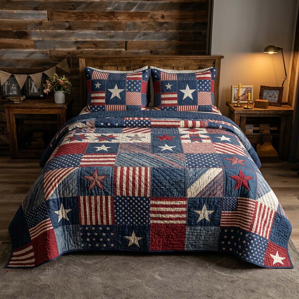 Vintage Glory Quilted Bedding Set Rustic Americana Patriotic Bedding Gift For Family - Flickden