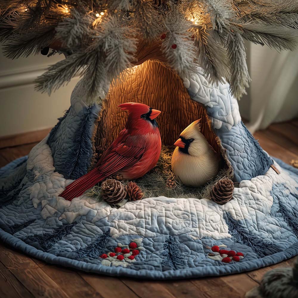 Winter Cardinal Quilted Winter Greenery Tree Skirt Christmas Gifts For Homeowners - Flickden