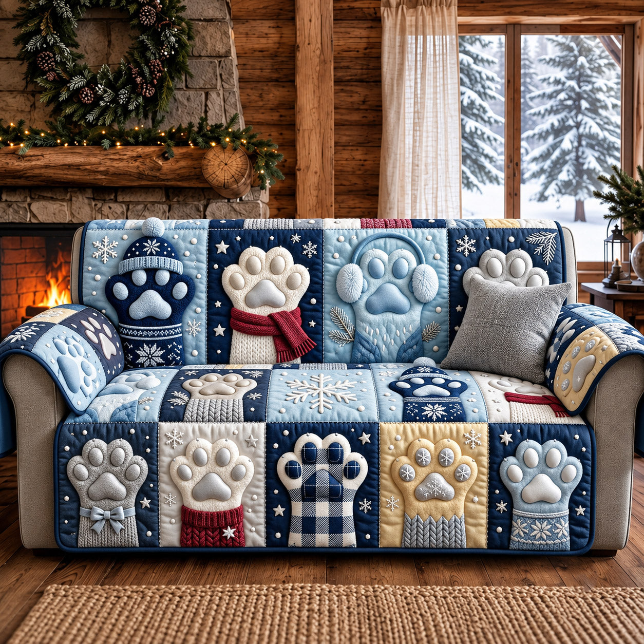 Winter Paw Quilted Sofa Cover Christmas Room Decoration Items Xmas Gift Ideas - Flickden