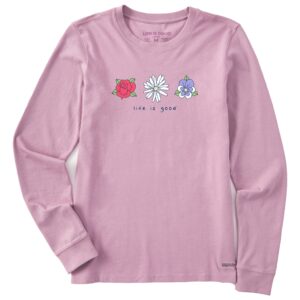 Women's 3 Flowers Rose Daisy Pansy Long Sleeve Crusher Tee