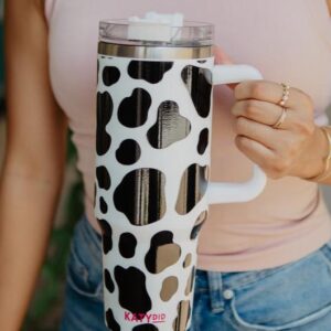 Black/White Cow Print Insulated Tumbler Cup with Handle