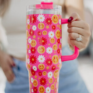 Red Flower Happy Face Tumbler Cup w/ Handle